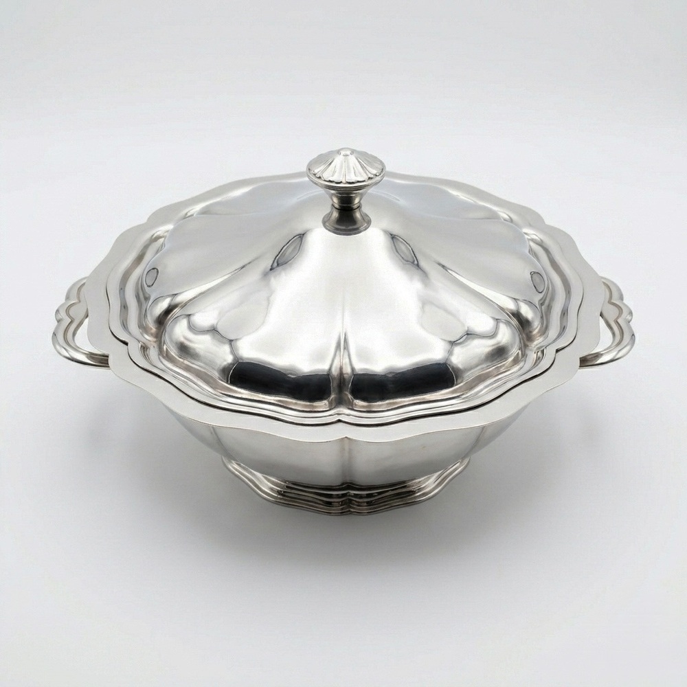 Vintage European INOXIUM Holloware Mid Century Silver Scalloped Serving Dish Lid